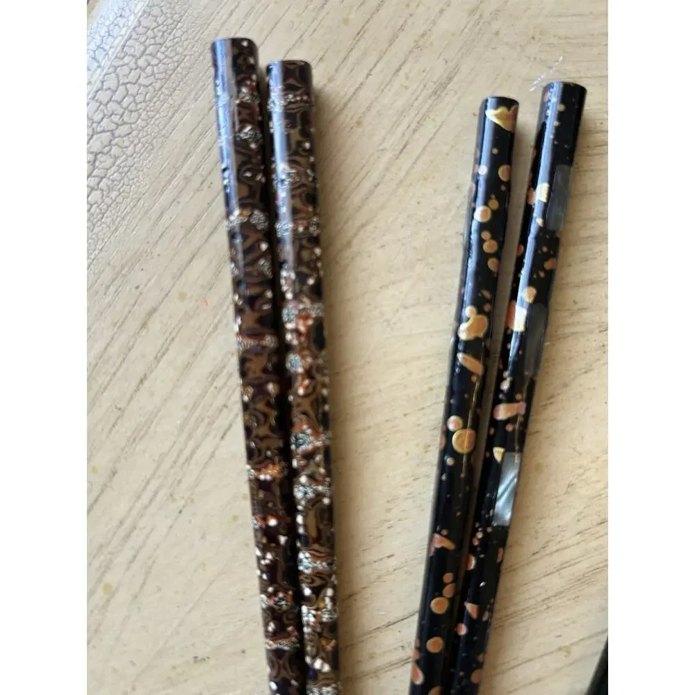 6* Chopsticks Black Gold Floral Design Set Of 6 (12 Total) VTG Hair Pins Buns